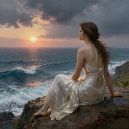 a stunning matte landscape painting of a voluptuous and unbelievably beautiful sappho and her friend sitting on a cliff facing away from the camera in the rain watching the sunrise over the ocean, turbulent ocean in the background, intricate, elegant, highly detailed, artstation, ultra sharp focus, octane render, volumetric lighting, in a neoclassical and baroque style