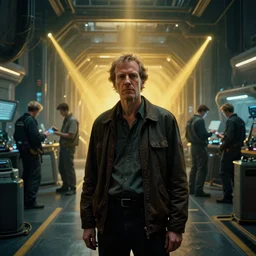 portrait of a master architect at the spacecraft docks, engineers working at the background, cyberpunk, moody, luminescent, rule of thirds, golden ratio, ambient lighting, syd mead, greg rutkowski, wlop, artgerm, artstation, highly detailed masterpiece