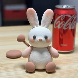 toy rabbit clay model 6 inches high next to a coke can on a table