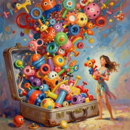 a cartoonish painting of an open suitcase containing a vast pile of toys that rises all the way to the ceiling, the pile of toys blocks the background, and standing next to the suitcase a woman holds more toys