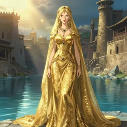 a full body portrait of a charlize theron as japanese - arabian princess with long gold dress, sun lighting, water, finely detailed features, perfect art, at an ancient city, gapmoe yandere grimdark, trending on pixiv fanbox, painted by greg rutkowski makoto shinkai takashi takeuchi studio ghibli, akihiko yoshida
