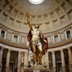 ancient roman painting of the interior of the pantheon with a heroic warrior reaching towards the sky, created by sir julius ceasar
