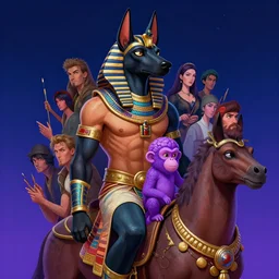 digital portait painting, thicc sexy, anthropomorphic anubis dog warrior, dreemy formidable, riding small cute purple monkey brain furaffinity, night sky, jay naylor, beeple, james jean, aya takano, dan mumford, rossdraws, inio, color style, trippy, super detailed, artwork, digital art, clean hd, cmyk