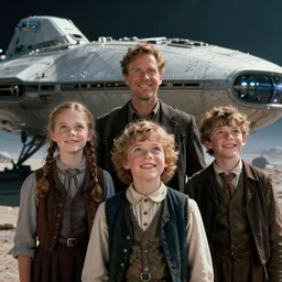 extremely sharply detailed, film from blockbuster 9 6 k sci fi color movie freeze frame, set 1 8 6 0, family standing in front of crashed spaceship, on alien planet, looking happy, wearing 1 8 5 0 s era clothes, atmospheric lighting, in focus, reflective eyes, 9 9 9 9 9 mm macro lens, live action, nice composition and photography, clear facial details