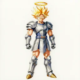 a watercolor painting full body character portrait of a cyborg super saiyan knight with a broken halo floating over their head in the style of cyberpunk in the style of moebius trending on artstation deviantart pinterest detailed realistic hd 8 k high resolution