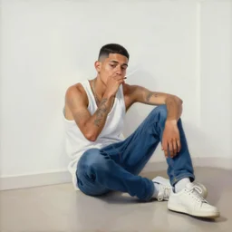 oil painting portrait of a tattoed young and thin latino guy sitting on the floor in a well lit white room wearing a sleeveles white shirt and blue jeans, short hair, tattoos, smoking, illustration, detailed, natural light, wide angle lens