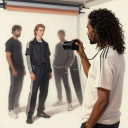 a somali man with long curly hair, at a photography studio, taking photos of a model, wearing adidas clothing, portrait, elegant, intricate, digital painting, artstation, concept art, smooth, sharp focus, illustration, art by konstantin korovin and daniel f. gerhartz and john howe