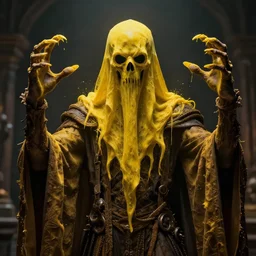 ghost of the king with 4 hands, yellow, head covered, scary, evil, cinematic, award winning, hd, art, hell, 3 d, depth of field, highly intricated, photorealistic