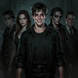 aesthetic digital illustration of a handsome grinning young man by brian bolland, rachel birkett, alex ross, and neal adams | dark, scary, character concept, concept art, unreal engine, finalrender, centered, deviantart, artgerm
