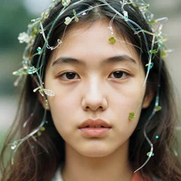 realistic photo of a a blurred face of a girl, covered in iridescent plastic vines 1 9 6 0, life magazine photo, natural colors, metropolitan museum, kodak, 8 k, very detailed, high resolution, product photo,