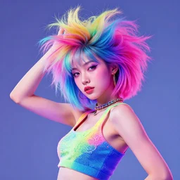 portrait of a vaporwave fashion model with an exuberant hair style, colorful, dynamic pose, beautiful face, octane render, vray, detailed, halftoned, editorial photo, matte print, grainy light, ( ( dither ) ), risograph, high contrast, screen print, grainy texture, fujifilm superia, kodak portra