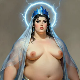 portrait of mighty plump female sorceress, blue tiara and veil, lightning halo, strong line, muted color, beautiful! coherent! by frank frazetta, by boris vallejo