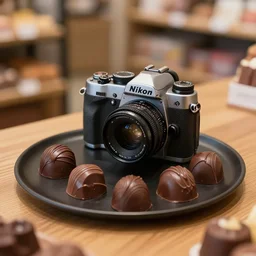 5 5 mm photo camera from above, of freshly milk french roast chocolate dark chocolate by leonidas on a black plat on a wooden table in a candy store. dof. bokeh. magical atmosphere. art by greg rutkowski. highly detailed 8 k. intricate. lifelike. soft light. nikon d 8 5 0.