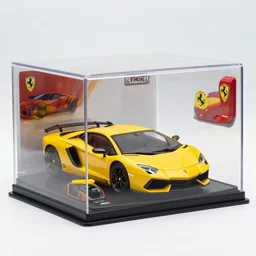 realistic photographie lamborgini luxury mix with ferrari inside a pop collector box