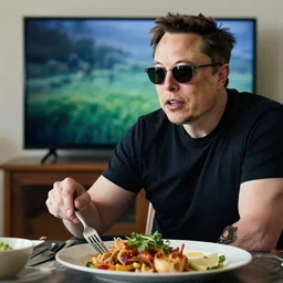 picture of elon musk wearing sunglasses watching tv while cooking a meal, good lighted photo, sharp details, detailed, hd, hdr