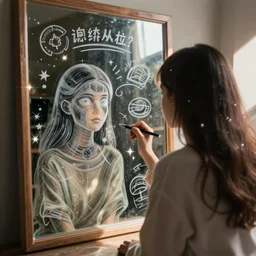 advanced image generator ai doodling on a mirror while waiting for the singularity to make me into my avatar and remember all these ideas i have. pretty sparkles