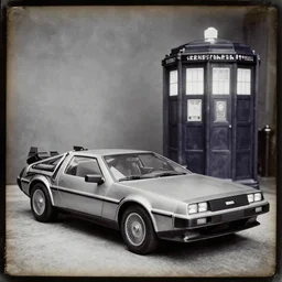 a DeLorean in front of the TARDIS daguerreotype