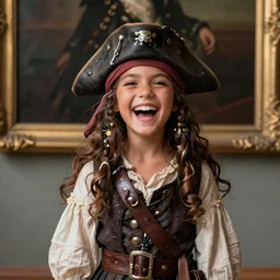 laughing, beautiful, intelligent, tanned, female pirate captain 2 8 years old, 1 9 4 0 s haircut, fully clothed, wise, beautiful, masterful 1 8 0 0 s oil painting hanging at the louvre, dramatic lighting, sharp focus