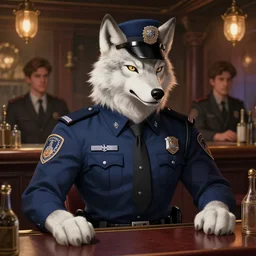 photography of a male anthropomorphic albino wolf fursona wearing a modern police uniform at a bar, deep focus, intricate, elegant, highly detailed, digital painting, artstation, concept art, matte, sharp focus, illustration, art by artgerm and greg rutkowski and alphonse mucha