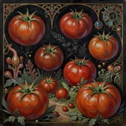 psychedelic tomatoes madness fantasycore farmscape, glossy painting, Art Nouveau Elemental 4k Detailed Matte Illustration trending on Behance ,CGSociety, Black and Cinnamon color scheme, Pastiche by Tim and Greg Hildebrandt, Pastiche by Kay Nielsen