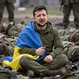 Volodymyr Zelensky at war,  dressed like  Napoleon Bonaparte,  sitting on the ground between dead corpses , crying and weeping, holding a half burnt blue and yellow flag of Ukraine, sharp focus, depth of field, hyper detailed, hyper realistic, High definition, in the style of Ansel Adams