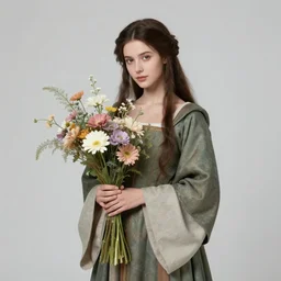 portrait of a beautiful mysterious medieval woman, holding a bouquet of flowing flowers, fantasy, regal, intricate, by stanley artgerm lau, greg rutkowski, thomas kinkade, alphonse mucha, loish, norman rockwell