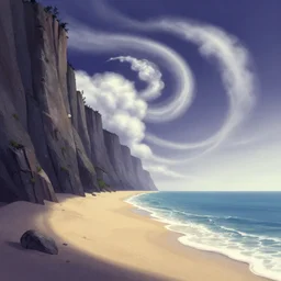 curved perspective digital art of a beach with curvy clouds near a high cliff by anton fadeev from nightmare before christmas