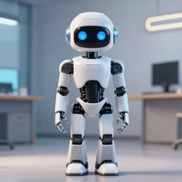 a robot with blue eyes standing in a room