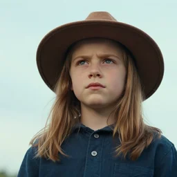 portrait of 2 5 - year - old evan rachel wood style with angle 9 0 ° centred looking away breading fresh air, strong spirit and look between serious and happy, caracter with brown hat, background soft blue