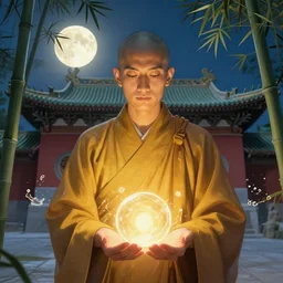 [ shaolin monks. orbs of light hover over their open palms ] ( backdrop : shrine / night sky / bamboo / full moon / flora ) splash art, digital painting, golden hour, sunburst, highly detailed. realistic award - winning, 8 k concept art, watercolor splash, tibetan mythology, illustration style of disco elysium by greg rutkowski wlop rossdraws