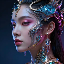 a highly detailed long shot photo of very intricate female face portrait, futurism, rococo cyber neon lighting, detailed futuristic fibonacci jewelry, profile posing, hyper photorealistic, crispy quality, digital photography, trending in pinterest, cinematic, 4 k ultra hd, art by pascal blanche, art by greg rutkowski, art by artgerm,