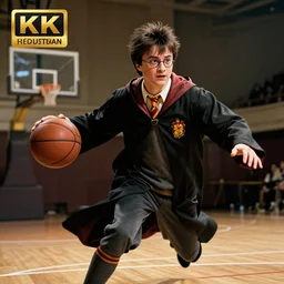 harry potter playing basketball, hyperrealistic, 4 k