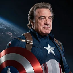 photorealistic art of danny devito as captain america, dynamic lighting, space atmosphere, hyperrealism, stunning visuals