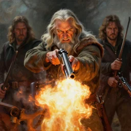 gandalf firing a shotgun towards the camera, oil painting, war photo, anger, fire, dramatic, very detailed, 4k, by Jeffrey Smith and Erin Hanson and Chad Knight