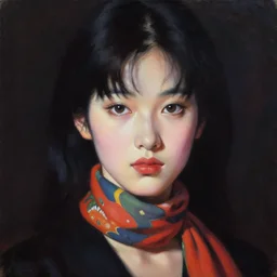 hyperrealism oil painting, complete darkness background, soft light, close - up portrait, fashion model, start scarf, in style of classicism mixed with 8 0 s japanese sci - fi books art