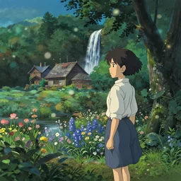 village in the woods with a flower garden near a waterfall, gapmoe kuudere moody lighting stunning bokeh highlights sharp contrast | trending pixiv fanbox | by greg rutkowski makoto shinkai takashi takeuchi studio ghibli
