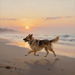 a beautiful painting of a dog running on the beach at sunset, by rutkowski, featured on artstation, fog