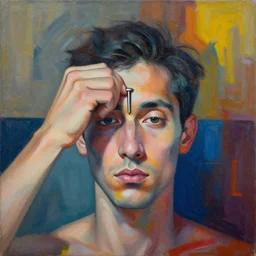 interdimensional abstract painting of a man removing a nail from his third eye