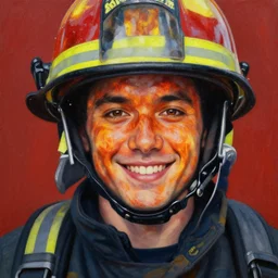 a hyper realistic painting of a young fire - man, all face covered with a fire, coherent symmetrical eyes, cunning smile, by jeffrey smith, by andrea kowch, by steve henderson