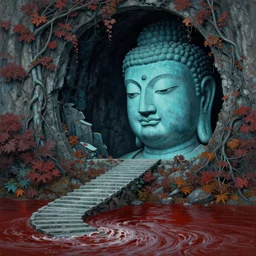 a gorgeous bleak autumn painting by barlowe wayne, maxfield parrish, gustave dore and marco mazzoni. close - up shot on a lonely huge chinese buddha statue, broken, stone gate to the dark cave, vines. tiffany blue, maroon, blackish green. the winding stone steps. ultra clear detailed. 3 d, octane render. turbulent blood lake.
