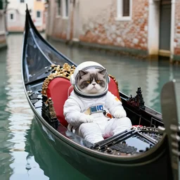 grumpy cat in a spacesuit sitting in gondola in the water in venice, mid shot
