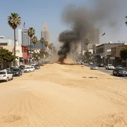 los angeles under tons of sand, heat wave, cars in the streets, black smoke, flags, hyperdetailed, artstation, cgsociety, 8 k
