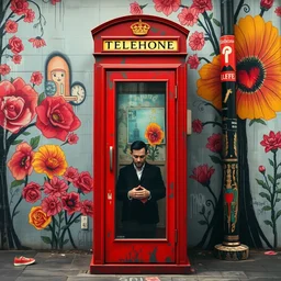 a phone booth with someone inside surrounded by beautiful street art, artwork by bansky