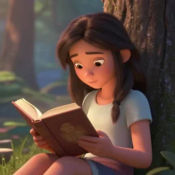 a girl reading a book in the croods movie style, anime, disney, pixar, 8 k, hd, dof, kodak film, volumetric lighting, subsurface scattering, photorealistic, octane render, details