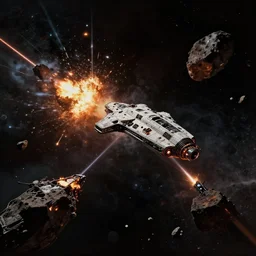 Wide shot of a spaceship battle, explosions and lasers, burning wrecks. Asteroid belt. Scenic view, in the void of space, underexposed, matte painting by Craig mullins and Emmanuel_Shiu and john berkey, cinematic, dark sci-fi, concept art trending on artstation, 4k, insane details, ultra realistic