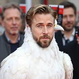 portrait of humanoid white bird with the head of ryan gosling, feather suit, natural light, sharp, detailed face, magazine, press, photo, steve mccurry, david lazar, canon, nikon, focus