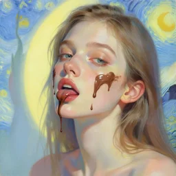 portrait of a beautiful girl, liquid chocolate dripping over face, licking, intimate, pastel shades of blue and yellow, beautiful face, rule of thirds, spotlight, expressive, passionate, by greg rutkowski, by jeremy mann, by francoise nielly, by vincent van gogh, digital painting