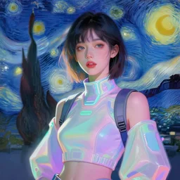 portrait of a beautiful western girl, tokyo by night, futuristic clothes, pastel neon colors, beautiful face, rule of thirds, spotlight, expressive, passionate, by mandy jurgens, by vincent van gogh, digital painting