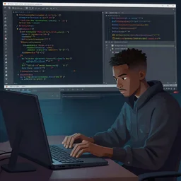 hacking, editing code, vs studio, by scott uminga trending on artstation, trending on deviantart,