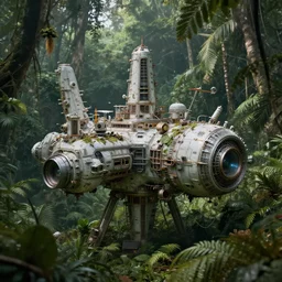 abandoned space research station in jungle, close up, wadim kashin, simon stalenhag, xf iq 4, f / 1. 4, iso 2 0 0, 1 / 1 6 0 s, 8 k, raw, featured in artstation, octane render, cinematic, elegant, intricate, 8 k